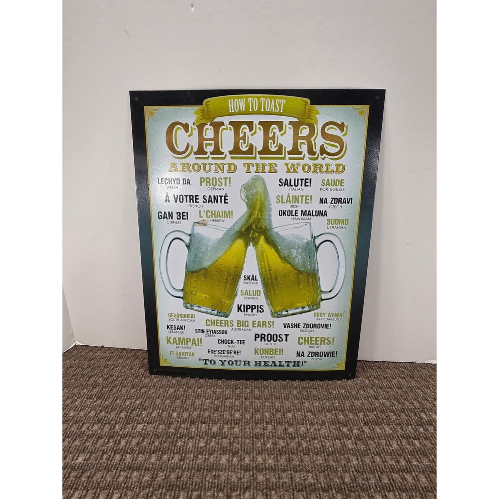 Vintage Cheers Around the World Metal Sign 16x12.5 Beer Pub Bar Decor